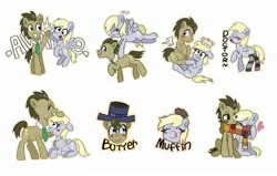 Size: 2282x1455 | Tagged: safe, artist:xinjinjumin718319732303, derpibooru import, derpy hooves, doctor whooves, time turner, earth pony, pegasus, pony, blushing, bust, clothes, eyes closed, female, flying, grin, hat, heart, hoofbump, image, jpeg, male, mare, open mouth, portrait, scarf, shared clothing, shared scarf, simple background, sitting, smiling, socks, stallion, sweat, sweatdrop, tongue out, white background