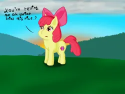 Size: 2000x1500 | Tagged: safe, artist:unstable576, derpibooru import, apple bloom, earth pony, pony, cloud, female, filly, foal, grass, image, jpeg, open mouth, solo, sun, text