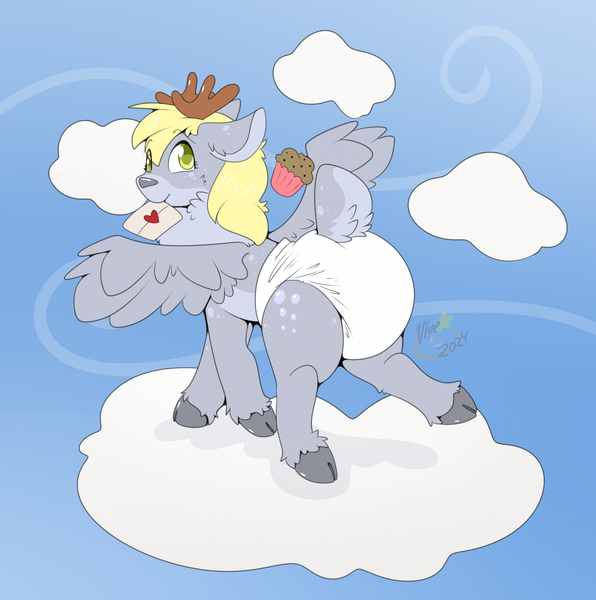 Size: 1913x1926 | Tagged: safe, artist:maynara, derpibooru import, derpy hooves, deer, deer pony, hybrid, original species, peryton, clean diaper, cloud, deerified, deerpy hooves, diaper, diaper fetish, female, fetish, food, g4, image, letter, mouth hold, muffin, on a cloud, png, sky, species swap