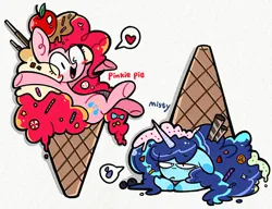 Size: 1785x1372 | Tagged: safe, artist:piaojun55154, derpibooru import, pinkie pie, earth pony, pony, unicorn, g5, blushing, female, frown, heart, horn, ice cream cone, image, mare, misty brightdawn, one eye closed, open mouth, png, speech bubble, text, wink