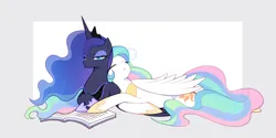 Size: 1600x800 | Tagged: safe, artist:megarock, derpibooru import, princess celestia, princess luna, alicorn, pony, abstract background, book, eyes closed, female, image, open mouth, png, pouting, royal sisters, siblings, sisters, sleeping, snot bubble