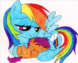 Size: 750x609 | Tagged: safe, artist:applewoodart, derpibooru import, rainbow dash, scootaloo, pegasus, pony, baby, baby pony, baby scootaloo, female, filly, foal, image, jpeg, mare, momma dash, scootalove, traditional art, younger