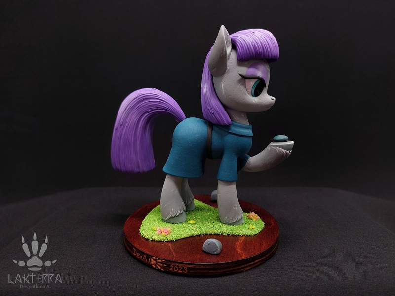 Size: 2560x1920 | Tagged: safe, alternate angle, alternate version, artist:lakterra, derpibooru import, maud pie, earth pony, pony, boulder (g4), clothes, craft, duo, female, figurine, frock coat, g4, grass, hoof hold, image, irl, jpeg, lidded eyes, mare, photo, polymer clay, raised hoof, rock, side view, signature, stand, tail, unshorn fetlocks