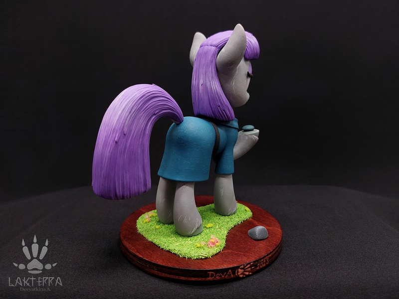 Size: 2560x1920 | Tagged: safe, alternate angle, alternate version, artist:lakterra, derpibooru import, maud pie, earth pony, pony, boulder (g4), clothes, craft, dock, duo, female, figurine, frock coat, g4, grass, hoof hold, image, irl, jpeg, lidded eyes, mare, photo, polymer clay, raised hoof, rear view, rock, signature, stand, tail, three quarter view, unshorn fetlocks