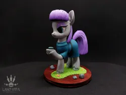 Size: 2560x1920 | Tagged: safe, alternate angle, alternate version, artist:lakterra, derpibooru import, maud pie, earth pony, pony, boulder (g4), clothes, craft, duo, female, figurine, frock coat, g4, grass, hoof hold, image, irl, jpeg, lidded eyes, mare, photo, polymer clay, raised hoof, rock, signature, stand, tail, three quarter view, unshorn fetlocks