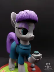 Size: 1620x2160 | Tagged: safe, alternate angle, alternate version, artist:lakterra, derpibooru import, maud pie, earth pony, pony, boulder (g4), close-up, clothes, craft, duo, female, figurine, frock coat, g4, grass, hoof hold, image, irl, jpeg, lidded eyes, mare, photo, polymer clay, raised hoof, rock, signature, stand, tail, three quarter view, unshorn fetlocks