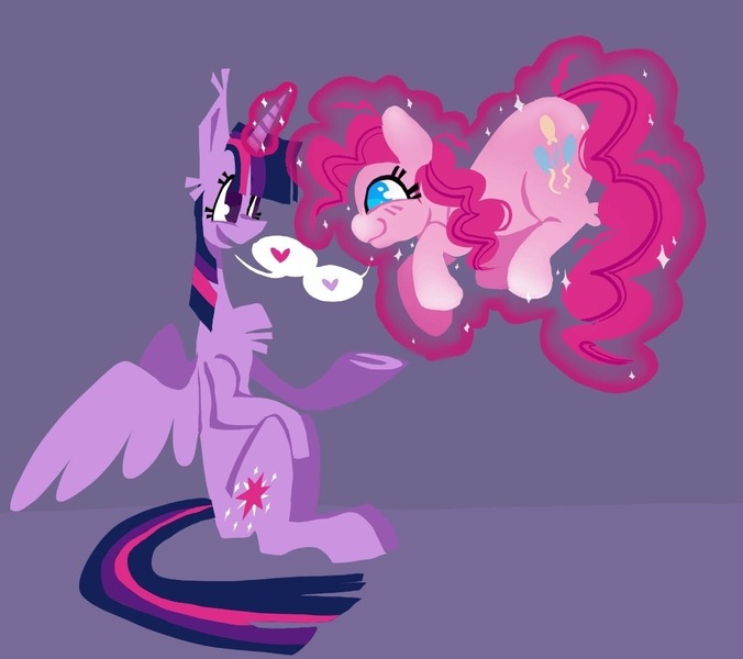 Size: 1079x958 | Tagged: safe, artist:koidial, derpibooru import, pinkie pie, twilight sparkle, twilight sparkle (alicorn), alicorn, earth pony, pony, cute, duo, duo female, female, g4, heart, image, jpeg, lesbian, levitation, looking at each other, looking at someone, magic, magic aura, mare, physique difference, shipping, sitting, slender, smiling, tall, telekinesis, thin, twinkie