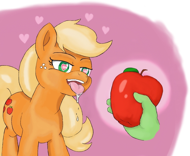 Size: 1081x891 | Tagged: safe, artist:appulman, ponerpics import, applejack, apple, drool, food, hand, heart eyes, image, jpeg, simple background, tongue out, wingding eyes