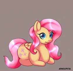 Size: 2048x2007 | Tagged: safe, artist:asinglepetal, derpibooru import, fluttershy, pegasus, pony, beige background, female, folded wings, g4, image, jpeg, looking at you, lying down, mare, prone, signature, simple background, solo, sticker design, tail, wings