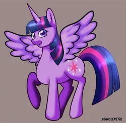 Size: 2048x2007 | Tagged: safe, artist:asinglepetal, derpibooru import, twilight sparkle, twilight sparkle (alicorn), alicorn, pony, beige background, female, g4, image, jpeg, looking at you, mare, raised hoof, signature, simple background, smiling, solo, spread wings, sticker design, tail, wings
