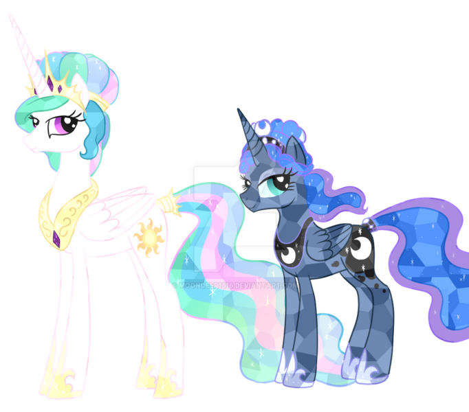 Size: 900x792 | Tagged: safe, artist:moondeer1616, derpibooru import, princess celestia, princess luna, alicorn, crystal pony, pony, crystallized, deviantart watermark, duo, duo female, female, image, jewelry, mare, obtrusive watermark, png, redesign, regalia, royal sisters, siblings, simple background, sisters, transparent background, watermark