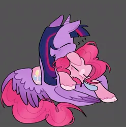 Size: 969x975 | Tagged: safe, artist:koidial, derpibooru import, pinkie pie, twilight sparkle, twilight sparkle (alicorn), alicorn, earth pony, pony, colored wings, cuddling, duo, duo female, eyes closed, female, g4, gray background, horn, image, jpeg, lesbian, lying down, lying on top of someone, mare, onomatopoeia, shipping, simple background, sleeping, sound effects, twinkie, two toned wings, unshorn fetlocks, wings, zzz