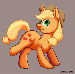 Size: 2048x2007 | Tagged: safe, artist:asinglepetal, derpibooru import, applejack, earth pony, pony, applejack's hat, beige background, cowboy hat, female, freckles, g4, hat, image, jpeg, mare, raised leg, signature, simple background, smiling, solo, sticker design, tail