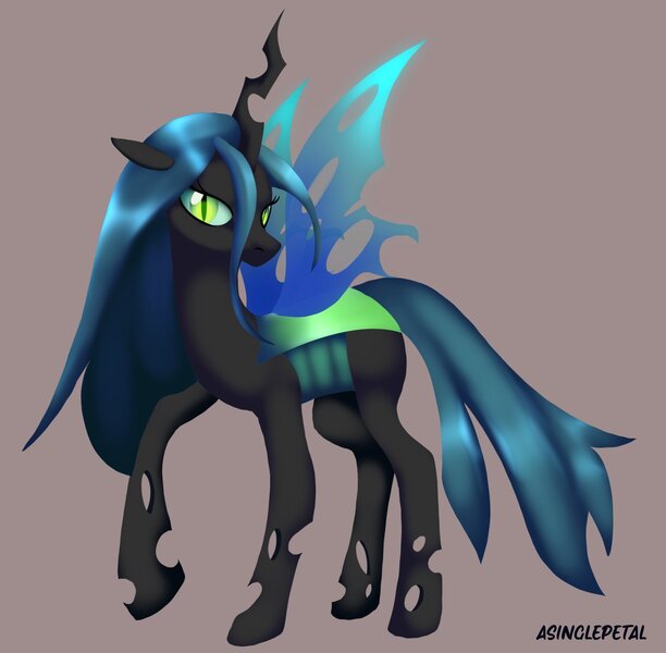 Size: 2048x2007 | Tagged: safe, artist:asinglepetal, derpibooru import, queen chrysalis, changeling, changeling queen, beige background, female, g4, image, jpeg, looking at you, raised hoof, signature, simple background, slit pupils, solo, spread wings, sticker design, tail, wings