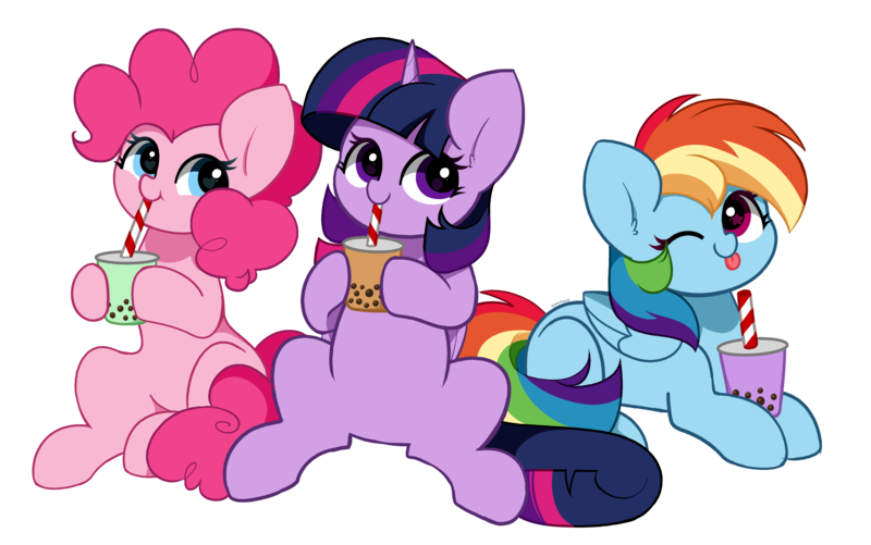 Size: 5347x3348 | Tagged: safe, artist:kittyrosie, derpibooru import, pinkie pie, rainbow dash, twilight sparkle, twilight sparkle (alicorn), alicorn, earth pony, pegasus, pony, cute, dashabetes, diapinkes, drink, drinking straw, g4, image, looking at you, one eye closed, png, simple background, straw, tongue out, transparent background, trio, twiabetes