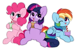 Size: 5347x3348 | Tagged: safe, artist:kittyrosie, derpibooru import, pinkie pie, rainbow dash, twilight sparkle, twilight sparkle (alicorn), alicorn, earth pony, pegasus, pony, cute, dashabetes, diapinkes, drink, drinking straw, g4, image, looking at you, one eye closed, png, simple background, straw, tongue out, transparent background, trio, twiabetes