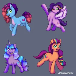 Size: 2048x2048 | Tagged: safe, artist:asinglepetal, derpibooru import, izzy moonbow, pipp petals, sunny starscout, earth pony, pegasus, pony, unicorn, g5, bracelet, female, friendship bracelet, gray background, horn, image, jewelry, jpeg, looking at you, mane stripe sunny, mare, misty brightdawn, one eye closed, open mouth, open smile, raised hoof, raised leg, rebirth misty, signature, simple background, smiling, spread wings, sticker design, tail, wings, wink, winking at you