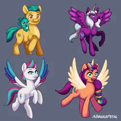 Size: 2048x2048 | Tagged: safe, artist:asinglepetal, derpibooru import, hitch trailblazer, sparky sparkeroni, sunny starscout, zipp storm, alicorn, dragon, earth pony, pegasus, pony, g5, my little pony: a new generation, my little pony: tell your tale, artificial horn, artificial wings, augmented, dragon dad, female, flying, gray background, horn, horns, image, jpeg, looking at you, magic, magic horn, magic wings, male, mane stripe sunny, mare, opaline arcana, open mouth, open smile, race swap, raised hoof, raised leg, riding, riding a pony, signature, simple background, sitting, smiling, spread wings, stallion, sticker design, sunnycorn, tail, wings