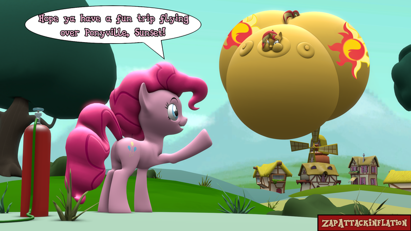 Size: 1920x1080 | Tagged: questionable, artist:zapattackinflation, derpibooru import, pinkie pie, sunset shimmer, earth pony, pony, 3d, air tank, belly, big belly, bingo wings, blimp, butt, floating, g4, helium tank, hose, huge belly, huge butt, image, impossibly large belly, impossibly large butt, inflation, large butt, photo, png, puffy cheeks, revamped ponies, source filmmaker, speech bubble, spherical inflation, stretched cutie mark, sunballoon shimmer, text, watermark