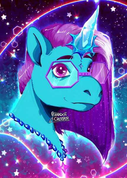 Size: 1729x2410 | Tagged: safe, artist:polkadotcreeper, derpibooru import, pony, g5, 2024, auroricorn, bust, comet (g5), glasses, horn, image, jewelry, jpeg, male, necklace, portrait, signature, smiling, solo, stallion