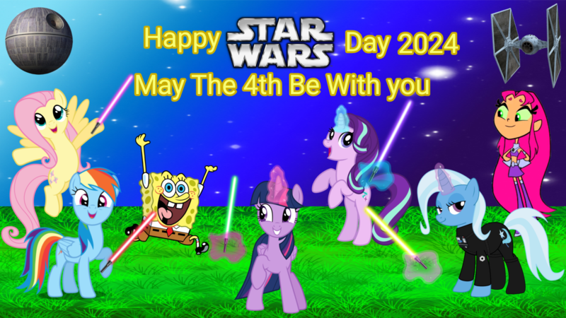 Size: 1280x720 | Tagged: safe, artist:lizzmcclin, derpibooru import, fluttershy, rainbow dash, starlight glimmer, trixie, twilight sparkle, twilight sparkle (alicorn), alicorn, dc comics, image, lightsaber, may the fourth be with you, png, spongebob squarepants, spongebob squarepants (character), star wars, starfire, teen titans go, weapon