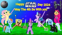 Size: 1280x720 | Tagged: safe, artist:lizzmcclin, derpibooru import, fluttershy, rainbow dash, starlight glimmer, trixie, twilight sparkle, twilight sparkle (alicorn), alicorn, dc comics, image, lightsaber, may the fourth be with you, png, spongebob squarepants, spongebob squarepants (character), star wars, starfire, teen titans go, weapon