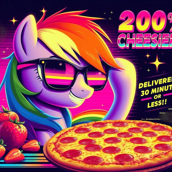 Size: 1024x1024 | Tagged: prompter needed, safe, ai content, derpibooru import, machine learning generated, rainbow dash, pegasus, pony, commercial, female, food, g4, generator:bing image creator, generator:dall-e 3, grin, image, jpeg, mare, meat, pepperoni, pepperoni pizza, pizza, smiling, solo, strawberry, sunglasses