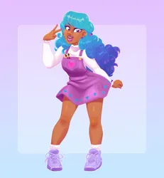 Size: 1992x2160 | Tagged: safe, artist:bluefeathercat, derpibooru import, izzy moonbow, human, g5, 2024, bracelet, clothes, ear piercing, earring, friendship bracelet, humanized, image, jewelry, jpeg, looking at you, moderate dark skin, open mouth, open smile, peace sign, piercing, shoes, smiling, socks, solo