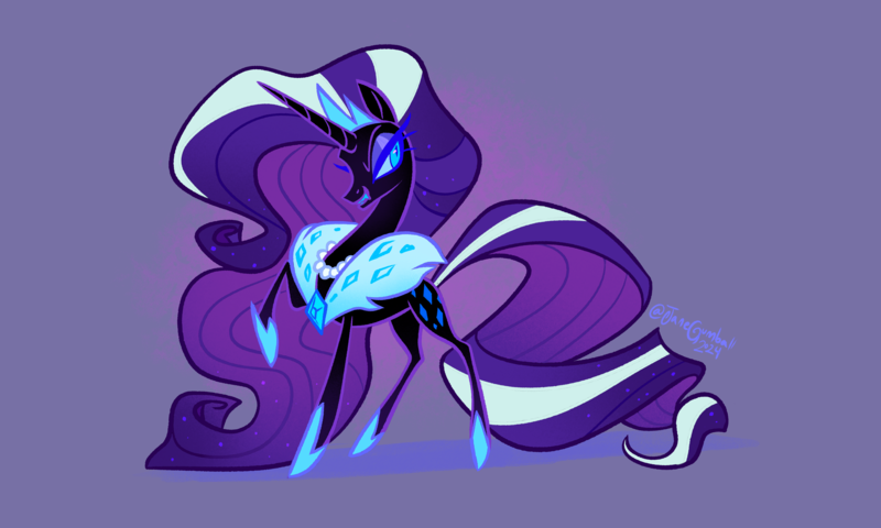 Size: 4000x2400 | Tagged: safe, artist:janegumball, derpibooru import, nightmare rarity, pony, unicorn, crown, eternal night au (janegumball), female, fur collar, grin, high res, horn, image, jewelry, lidded eyes, long mane, long tail, mare, necklace, pearl necklace, png, purple background, raised hoof, regalia, signature, simple background, smiling, solo, tail