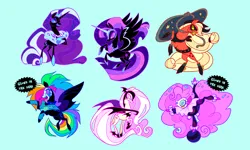 Size: 4000x2400 | Tagged: safe, artist:janegumball, derpibooru import, applejack, fluttershy, nightmare rarity, pinkie pie, rainbow dash, rarity, twilight sparkle, twilight sparkle (alicorn), alicorn, bat pony, earth pony, pegasus, pony, unicorn, balancing, ball, bandana, bandit mask, bat ponified, bite mark, boots, clothes, cowboy boots, domino mask, eternal night au (janegumball), face paint, female, flutterbat, fur collar, grin, handstand, high res, hoof on chest, horn, image, jester, jester pie, jewelry, light blue background, long mane, long tail, mane six, mare, mask, necklace, nightmare applejack, nightmare fluttershy, nightmare mane six, nightmare pinkie, nightmare rainbow dash, nightmare twilight, nightmarified, pearl necklace, peytral, png, race swap, rearing, shoes, simple background, smiling, spread wings, tail, tall, tongue out, upside down, wings