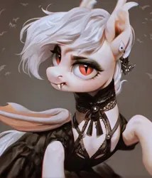 Size: 720x840 | Tagged: safe, ai content, derpibooru import, machine learning generated, prompter:radioglitch, stable diffusion, bat pony, clothes, dress, ear piercing, generator:pony diffusion v6 xl, gothic, image, looking at you, piercing, png, simple background