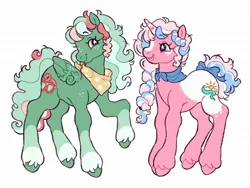 Size: 2048x1539 | Tagged: safe, artist:cocopudu, derpibooru import, oc, oc:morning glory, oc:seasalt spray, unofficial characters only, pegasus, pony, unicorn, g2, bandana, blaze (coat marking), blue bow, blue eyes, body freckles, bow, braid, braided ponytail, coat markings, colored, colored hooves, colored horn, commission, couple, curly mane, curly tail, duo, duo female, eyebrows, eyebrows visible through hair, eyelashes, facial markings, female, flat colors, folded wings, freckles, green coat, horn, image, jpeg, lesbian, long legs, long mane, long tail, looking at each other, looking at someone, mare, multicolored mane, multicolored tail, neckerchief, oc x oc, open mouth, open smile, pegasus oc, pink coat, pink eyes, ponytail, profile, raised hoof, raised hooves, shipping, signature, simple background, small wings, smiling, smiling at each other, socks (coat marking), standing, starry eyes, style emulation, tail, tail bow, tied mane, tied tail, unicorn horn, unicorn oc, unshorn fetlocks, wall of tags, watermark, white background, wing ferckles, wing fluff, wingding eyes, wings