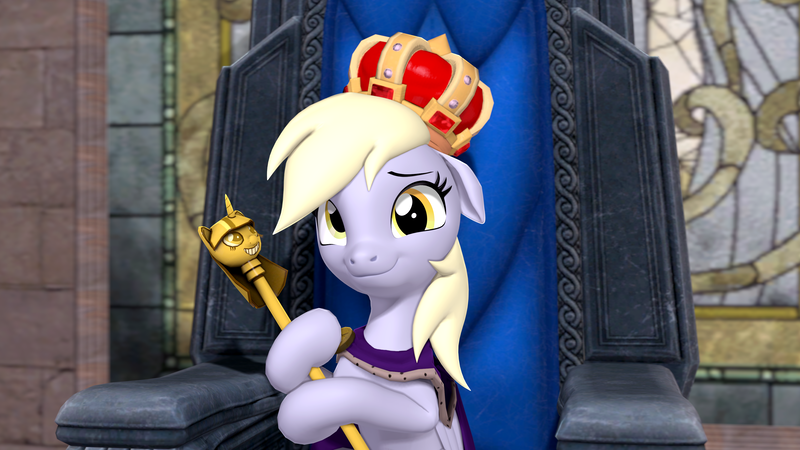 Size: 3840x2160 | Tagged: safe, artist:owlpirate, derpibooru import, derpy hooves, pegasus, pony, a royal problem, 3d, 4k, bust, crown, cute, derpabetes, female, floppy ears, g4, high res, hoof hold, image, jewelry, looking at you, mare, png, queen derpy, regalia, scepter, sitting, smiling, smiling at you, solo, source filmmaker, throne, twilight scepter