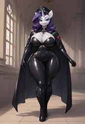 Size: 1664x2432 | Tagged: suggestive, ai content, alternate version, derpibooru import, machine learning generated, rarity, anthro, unicorn, big breasts, bodysuit, boots, breasts, busty rarity, cape, catsuit, cleavage, cloak, clothes, curvy, derpibooru exclusive, female, g4, hat, horn, huge breasts, image, iron cross, latex, latex suit, nazi, nazi uniform, peaked cap, png, prompter:inky heart, rubber, shoes, solo, solo female, thick, uniform, wide hips