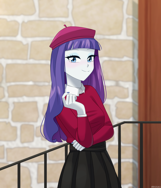 Size: 1050x1225 | Tagged: safe, artist:riouku, derpibooru import, rarity, human, equestria girls, 2d, bangs, breasts, clothes, collar, commission, eyeshadow, female, fingernails, g4, image, long sleeved shirt, long sleeves, looking at you, makeup, nail polish, nails, outdoors, pleated skirt, png, shirt, skirt, smiling, smiling at you