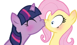 Size: 1163x687 | Tagged: suggestive, artist:trixxiefloof, derpibooru import, fluttershy, twilight sparkle, pegasus, pony, unicorn, blue eyes, blushing, eyes closed, female, horn, image, kiss on the lips, kissing, lesbian, png, ship:twishy, shipping, simple background, transparent background, unicorn twilight, wide eyes