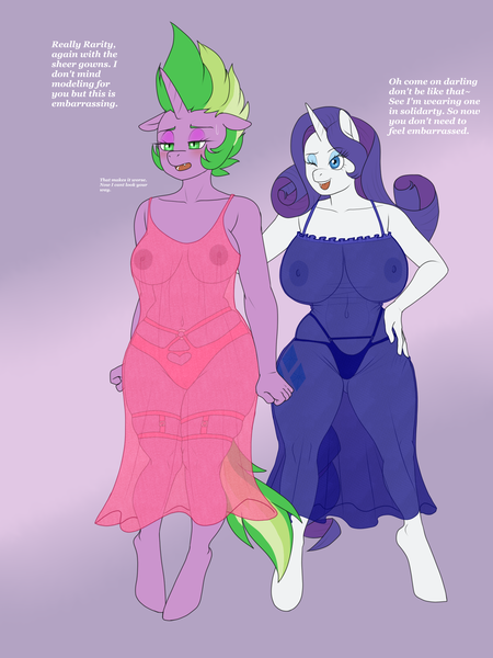 Size: 1500x2000 | Tagged: questionable, artist:lurking tyger, derpibooru import, rarity, spike, ponified, anthro, pony, unguligrade anthro, unicorn, barb, breasts, busty rarity, clothes, eyeshadow, fangs, female, half r63 shipping, horn, image, lesbian, makeup, male, mare, nightgown, nipples, nudity, panties, png, ponified spike, rule 63, see-through, ship:barity, shipping, slit pupils, smiling, sparity, species swap, straight, thong, unamused, underwear