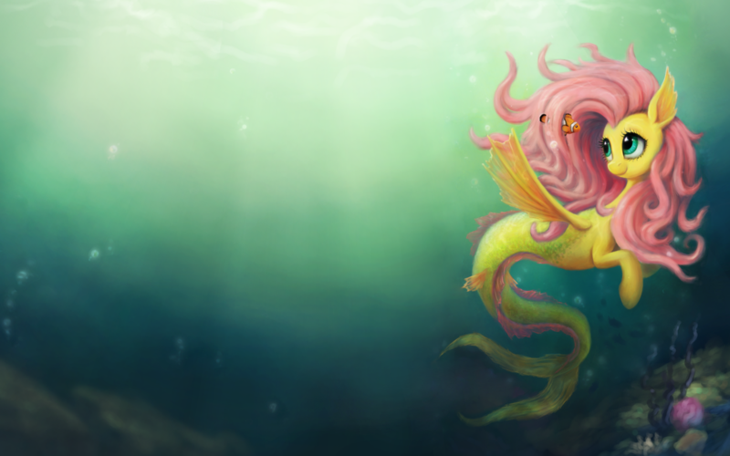Size: 1680x1050 | Tagged: safe, artist:br0ny, derpibooru import, fluttershy, hippocampus, merpony, pony, seapony (g4), clownfish, female, g4, image, mare, png, seaponified, seapony fluttershy, solo, species swap, underwater, wallpaper, water, watershy