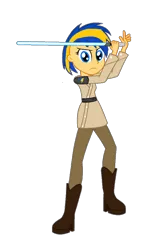 Size: 654x1005 | Tagged: safe, artist:mlpfan3991, derpibooru import, oc, oc:flare spark, human, equestria girls, clothes, female, g4, image, jedi, lightsaber, may the fourth be with you, png, simple background, solo, star wars, transparent background, weapon