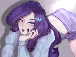 Size: 2160x1620 | Tagged: safe, artist:aliennella, derpibooru import, rarity, human, equestria girls, adult, adult female, alternate hairstyle, beautiful, bedroom eyes, clothes, cute, eyeshadow, female, g4, hair accessory, hairpin, humanized, image, korean, light skin, lipstick, long sleeved shirt, long sleeves, makeup, midriff, moon runes, nail polish, photo shoot, png, purple hair, raribetes, sexy, shirt, skirt, solo, solo female, woman, young
