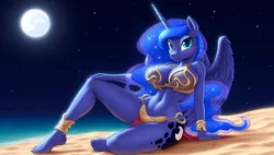 Size: 1920x1088 | Tagged: suggestive, ai content, derpibooru import, machine learning generated, novelai, prompter:tychotma-1, stable diffusion, princess luna, alicorn, anthro, plantigrade anthro, absolute cleavage, anklet, barefoot, beach, big breasts, bikini, bracelet, breasts, cleavage, clothes, curvy, cutie mark, ethereal mane, feet, female, full moon, g4, horn, hourglass figure, image, jewelry, loincloth, may the fourth be with you, moon, night, png, sexy, sitting, slave leia outfit, solo, solo female, star wars, stars, sultry pose, swimsuit, wide hips, wings