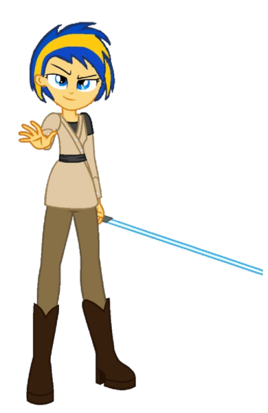 Size: 654x1005 | Tagged: safe, artist:mlpfan3991, derpibooru import, oc, oc:flare spark, unofficial characters only, human, equestria girls, female, g4, image, jedi, lightsaber, may the fourth be with you, png, simple background, smiling, solo, star wars, transparent background, weapon