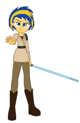 Size: 654x1005 | Tagged: safe, artist:mlpfan3991, derpibooru import, oc, oc:flare spark, unofficial characters only, human, equestria girls, female, g4, image, jedi, lightsaber, may the fourth be with you, png, simple background, smiling, solo, star wars, transparent background, weapon