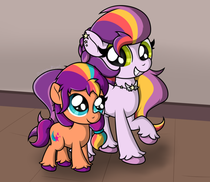 Size: 2650x2292 | Tagged: safe, artist:background basset, derpibooru import, sunny starscout, earth pony, pony, g5, my little pony: tell your tale, spoiler:g5, spoiler:my little pony: tell your tale, duo, female, filly, filly sunny starscout, foal, image, mother and child, mother and daughter, png, sunny starscout's mother, younger