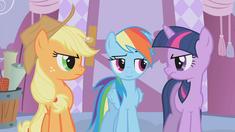 Size: 1280x720 | Tagged: safe, derpibooru import, edit, edited screencap, editor:twilyisbestpone, screencap, applejack, rainbow dash, twilight sparkle, earth pony, pegasus, pony, unicorn, season 1, suited for success, applejack is not amused, eyebrows, female, frown, g4, horn, image, inverted mouth, lidded eyes, mare, nose wrinkle, png, raised eyebrow, smiling, trio, trio female, twilight sparkle is not amused, unamused, unicorn twilight