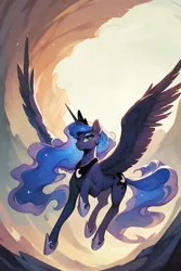 Size: 768x1152 | Tagged: safe, ai content, derpibooru import, edit, machine learning generated, prompter:saberclaw1x, princess luna, alicorn, pony, cloud, female, flying, g4, image, lidded eyes, looking at you, mare, png, solo, spread wings, wings