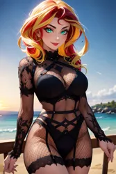 Size: 1024x1536 | Tagged: suggestive, ai content, derpibooru import, editor:sammykun, machine learning generated, sunset shimmer, human, beach, big breasts, breasts, busty sunset shimmer, cleavage, clothes, dress, female, fishnet clothing, g4, generator:yodayo, humanized, image, jpeg, lipstick, long sleeves, looking at you, outdoors, prompter:sammykun, see-through, sky, slender, solo, straps, stupid sexy sunset shimmer, sweater, thin, tight clothing, turtleneck, wide eyes