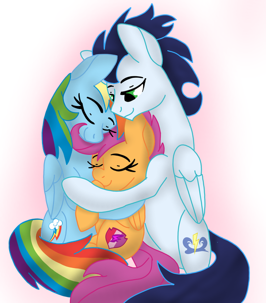 Size: 1961x2239 | Tagged: safe, artist:bleedingwings12, derpibooru import, rainbow dash, scootaloo, soarin', pegasus, pony, adopted offspring, family, female, filly, foal, hug, image, male, mare, offspring, parent:rainbow dash, parent:soarin', parents:soarindash, png, scootadoption, scootalove, shipping, soarindash, stallion, straight