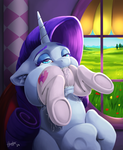 Size: 2292x2777 | Tagged: suggestive, artist:hunnter, derpibooru import, rarity, sweetie belle, pony, unicorn, drool, ear fluff, eating, female, filly, filly prey, foal, g4, horn, image, lacrimal caruncle, oral vore, png, raripred, signature, size difference, soft vore, swallowing, throat bulge, underhoof, vore