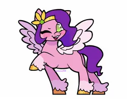 Size: 2048x1602 | Tagged: safe, artist:micahpony124, derpibooru import, pipp petals, pegasus, pony, g5, blush sticker, blushing, female, image, jpeg, looking at you, mare, one eye closed, open mouth, open smile, raised hoof, signature, simple background, smiling, solo, spread wings, tail, unshorn fetlocks, white background, wings, wink, winking at you